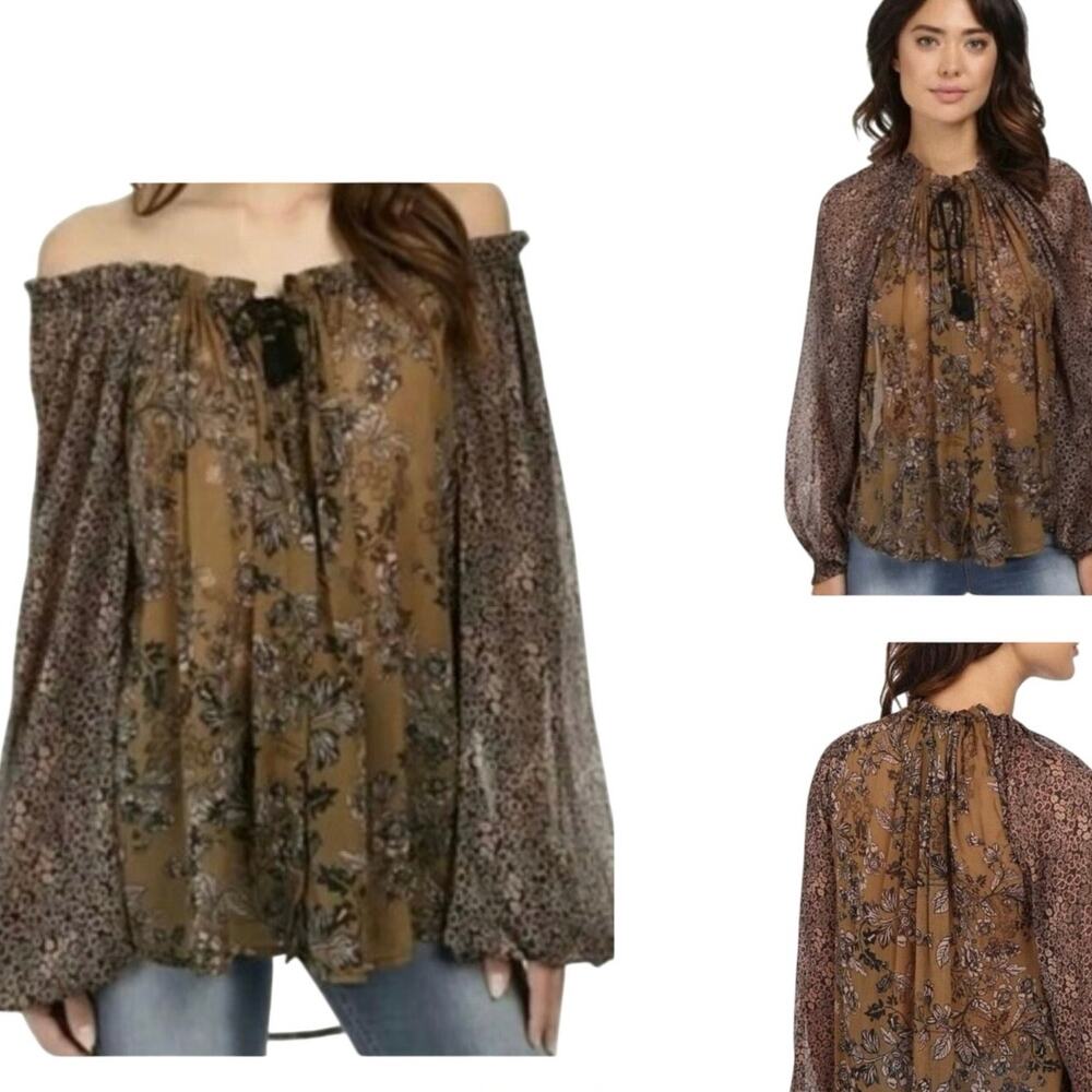 Free People Blouse Hendrix Printed Top -Olive  Black Brown Red - Size S